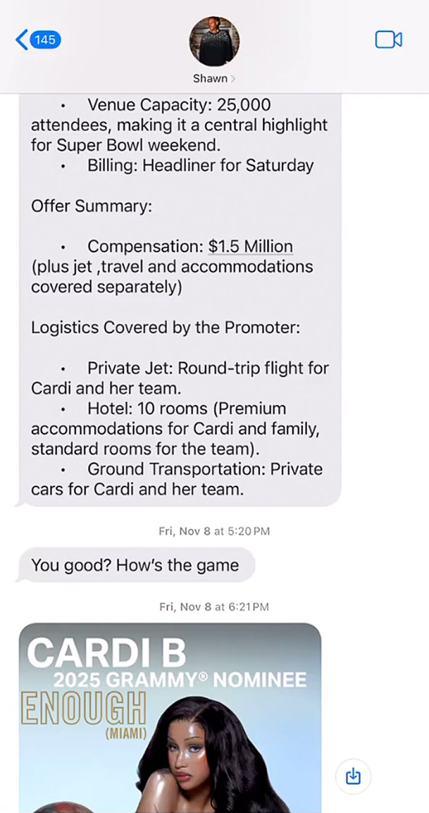 Text messages detailing a $1.5 million offer and logistics for Cardi B&rsquo;s rising net worth and music industry influence.