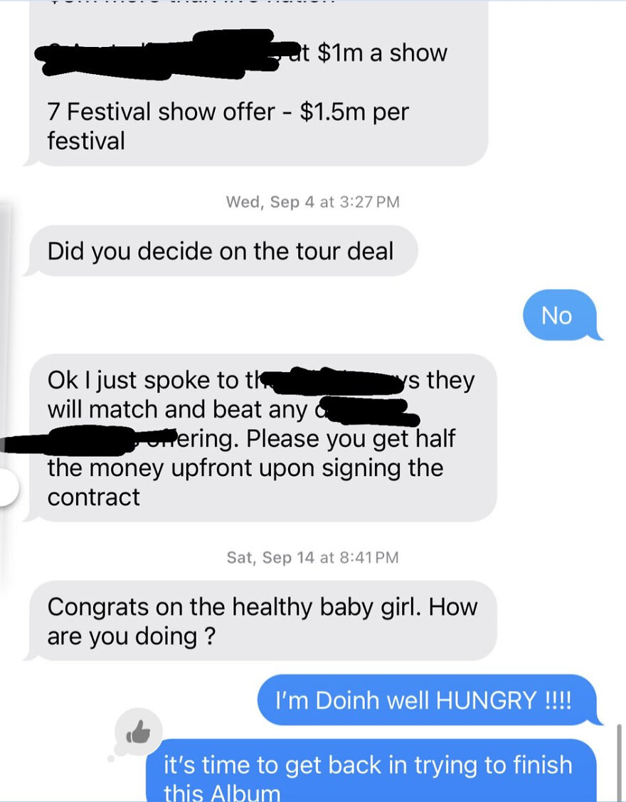 Text message exchange discussing tour deals, festival offers, and updates related to Cardi B&rsquo;s net worth and music industry influence.