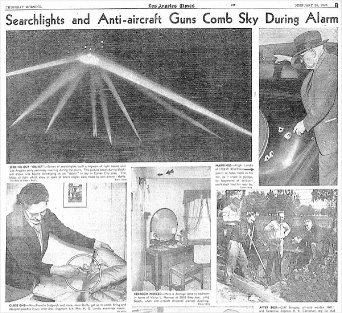 Vintage newspaper collage showing searchlights, anti-aircraft guns, and scenes with hidden mysteries behind them.