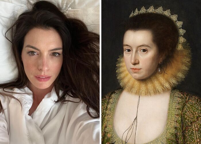 Side-by-side image of a modern woman and her historical counterpart in period attire, matching celebrity and historical look.