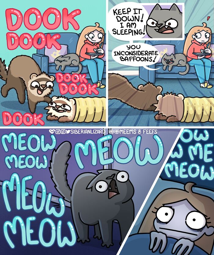 Comic strip showing artist interacting with two playful ferrets and a noisy cat in a home setting.