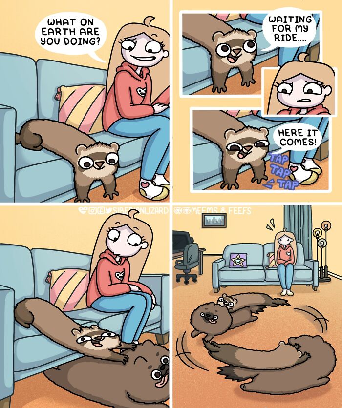 Comic panel showing artist’s ferret waiting and playing around the cat, illustrating life with ferrets and a cat at home.