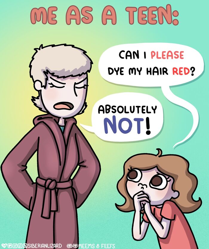 Cartoon depicting a teenager asking to dye hair red and an adult firmly saying no, from living with two ferrets and a cat.