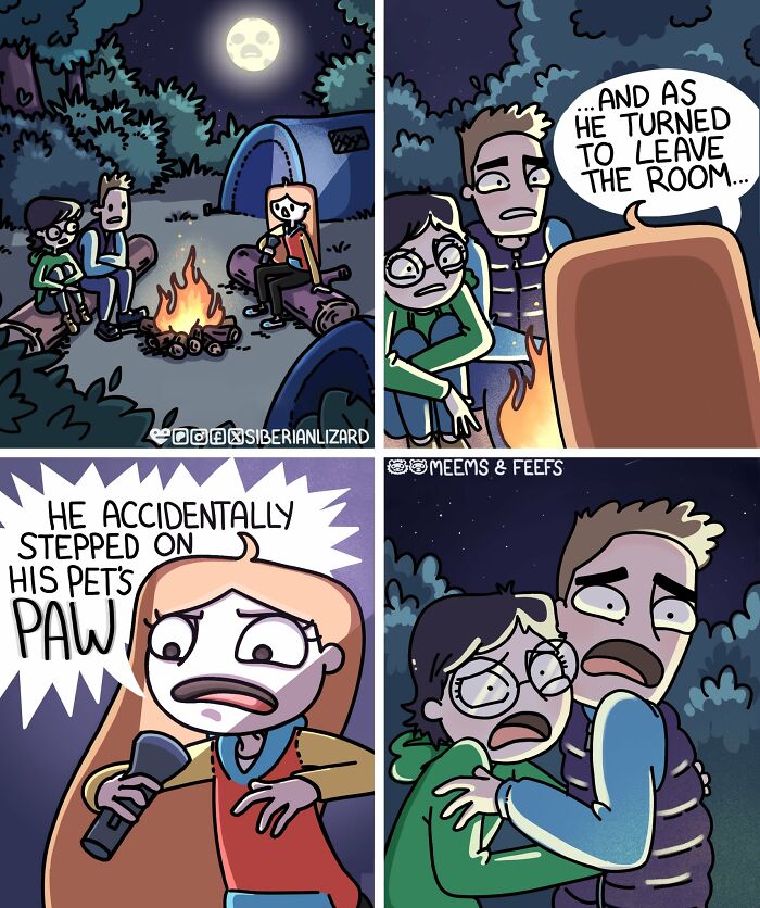 Illustration showing a camping scene with characters reacting to a pet's paw injury, depicting life with ferrets and a cat.