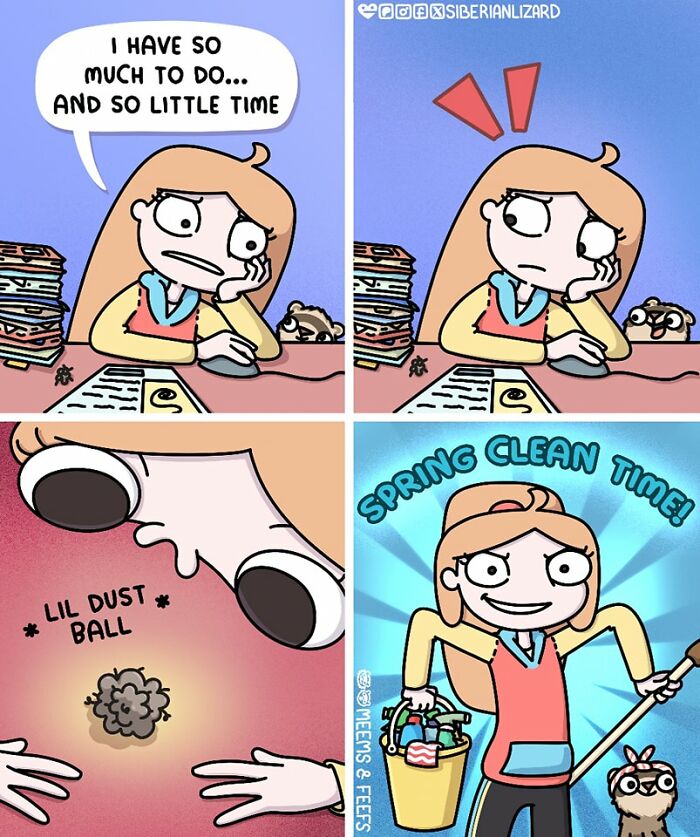 Cartoon artist captures daily life moments with two ferrets and a cat, featuring cleaning and playful pet antics.