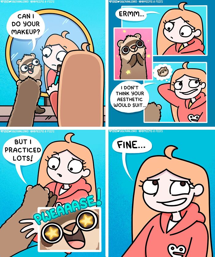 Comic strip showing an artist interacting with a ferret while documenting life with two ferrets and a cat.