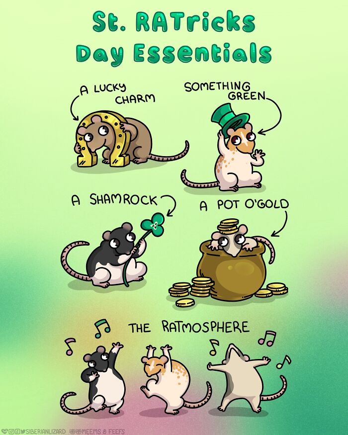 Cartoon rats celebrating St. Patrick's Day with cute charms, hats, and shamrocks in a colorful illustration.