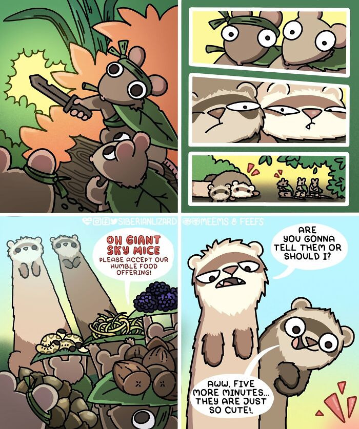 Comic-style artist depiction of living with two ferrets and a cat interacting with each other in humorous scenes.