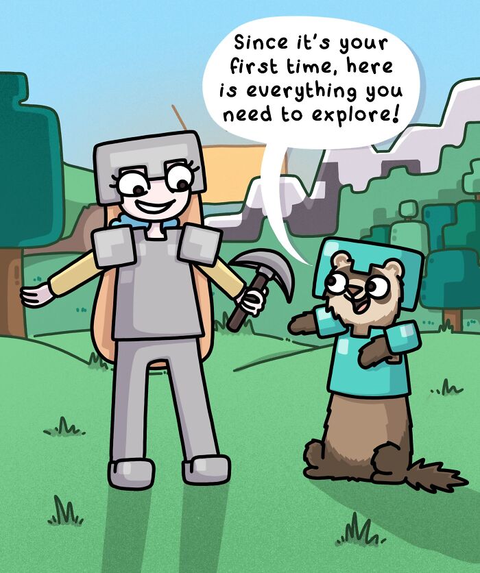 Cartoon of an artist and two ferrets dressed in armor, exploring and interacting in a colorful outdoor setting.
