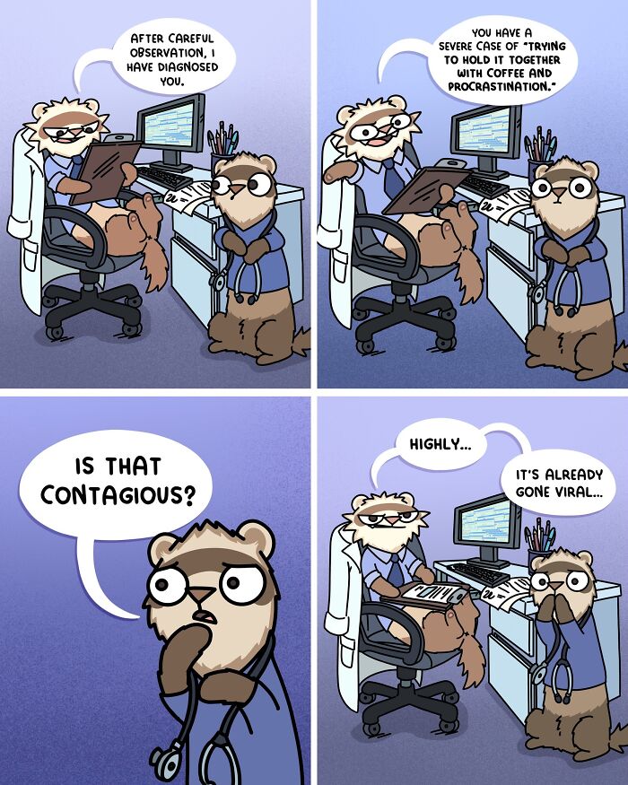 Cartoon ferrets in a comic strip illustrating life with pets, capturing humor of living with two ferrets and a cat.