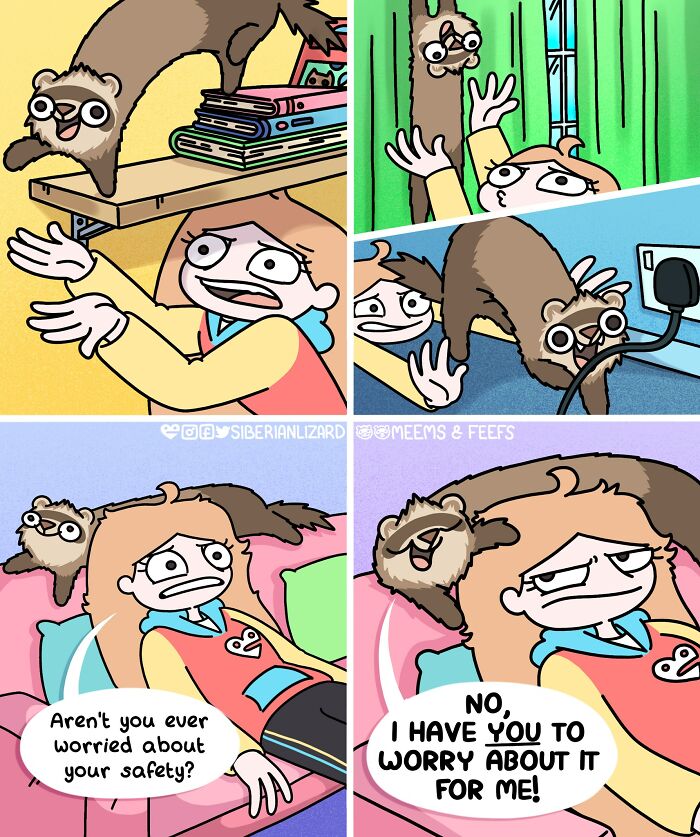 Comic panels showing an artist navigating life with playful ferrets causing chaos around the house.