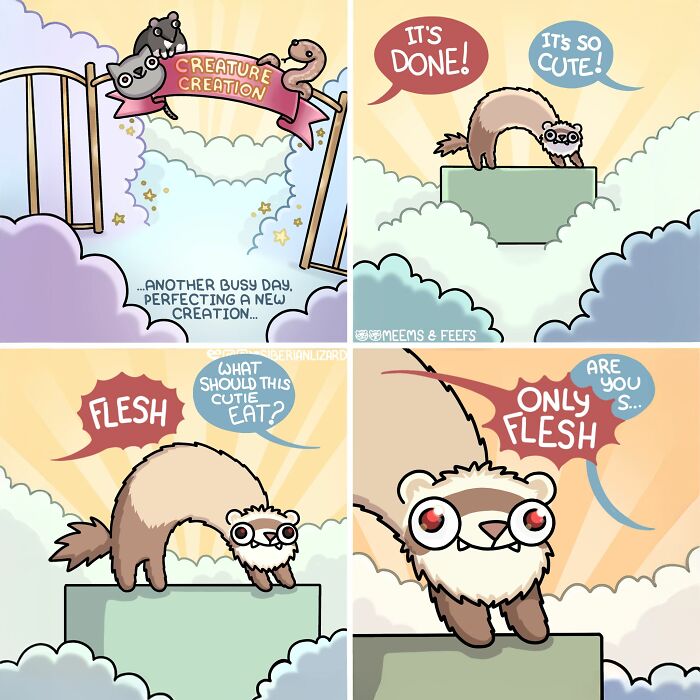 Cartoon artist documents living with two ferrets and a cat through a playful comic about creature creation.
