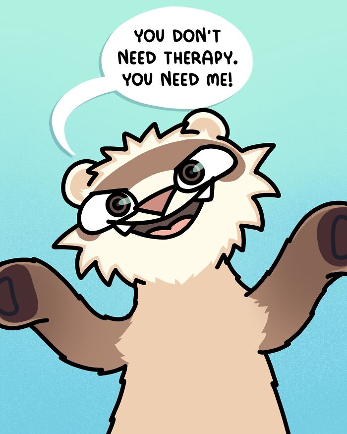 Cartoon ferret saying you don’t need therapy, highlighting life with two ferrets and a cat in a playful style.