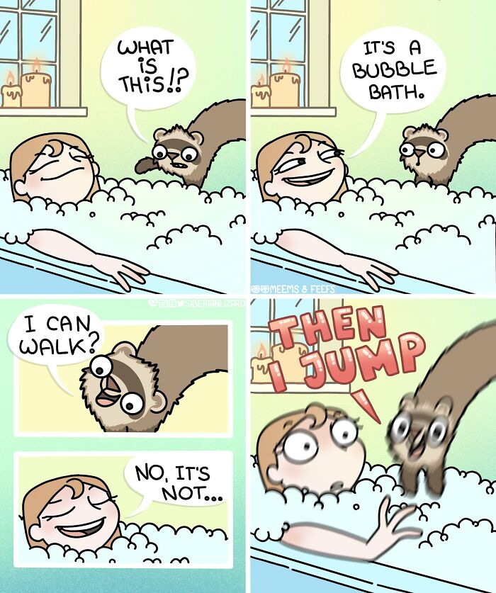 Comic strip showing an artist’s ferret interacting with a cat during a bubble bath, depicting living with two ferrets and a cat.