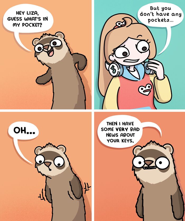 Comic strip featuring a ferret and a girl humorously depicting life living with two ferrets and a cat.