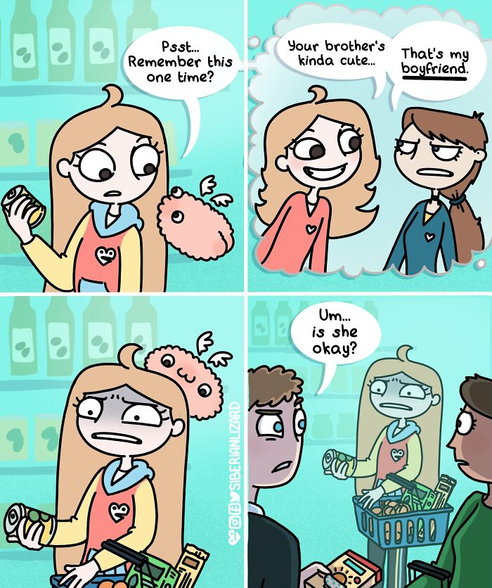 Comic strip showing a woman with a fluffy creature on her head, humorously capturing life with pets and family interactions.