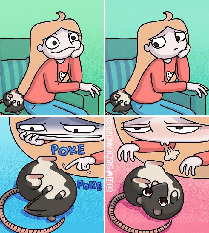 Cartoon artist interacting with two ferrets and a cat, showing playful and curious pet behavior on a couch.