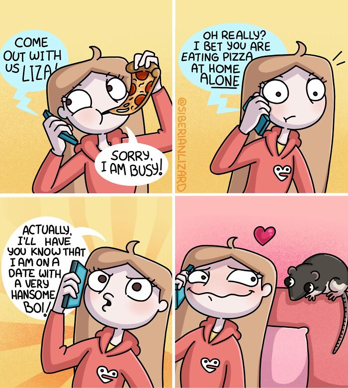 Comic strip showing a woman on the phone eating pizza, humorously depicting life living with two ferrets and a cat.