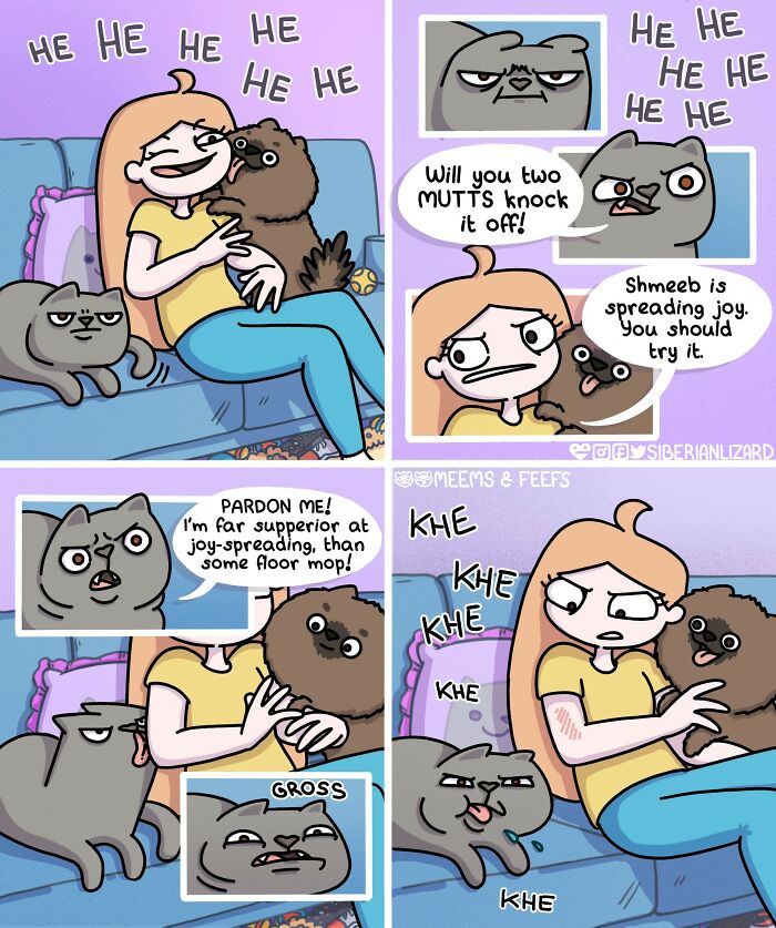 Cartoon showing a woman laughing with a ferret and a grumpy cat, illustrating life with two ferrets and a cat.