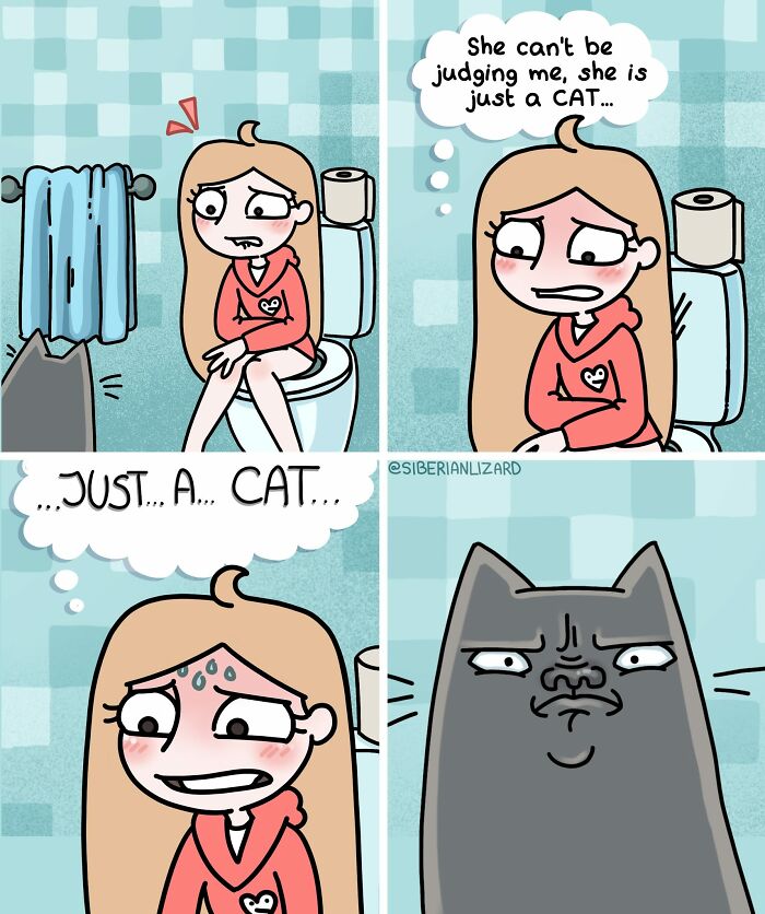 Comic panels showing an artist's humorous interaction with a judging cat, depicting life with two ferrets and a cat.