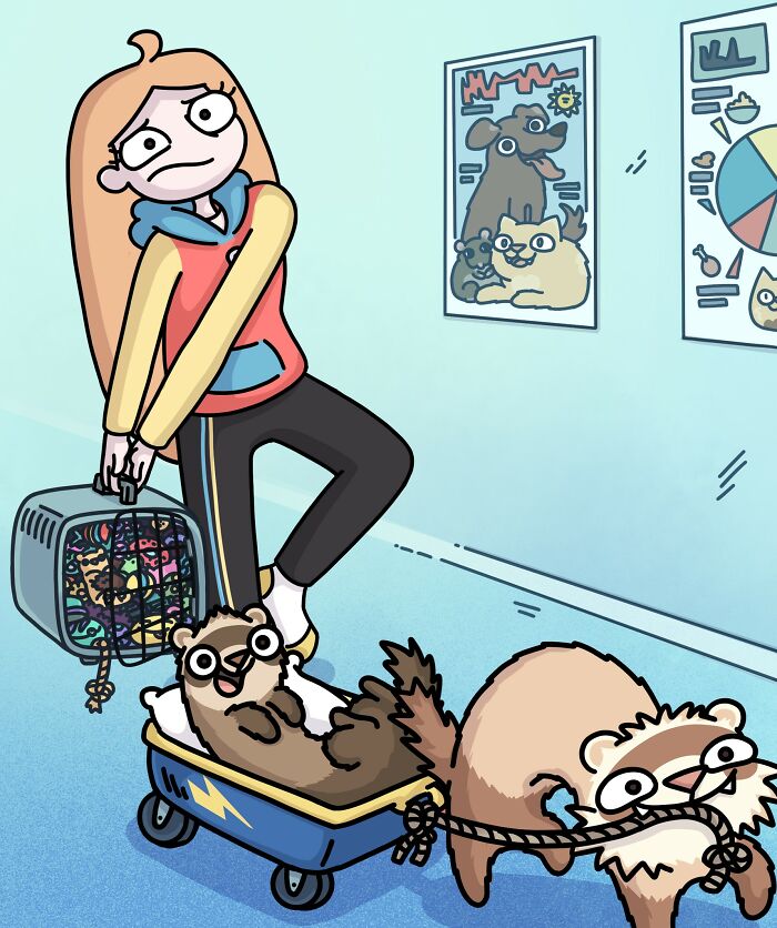Artist with two playful ferrets and a cat in a colorful cartoon-style illustration at home.