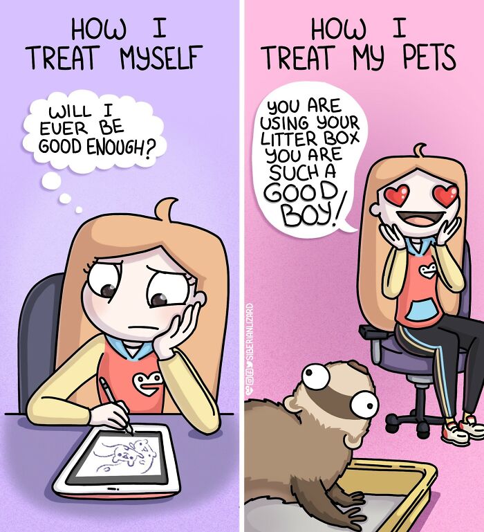 Artist cartoon showing contrast between self-doubt and praising pets, featuring a ferret and cat in a colorful comic style.