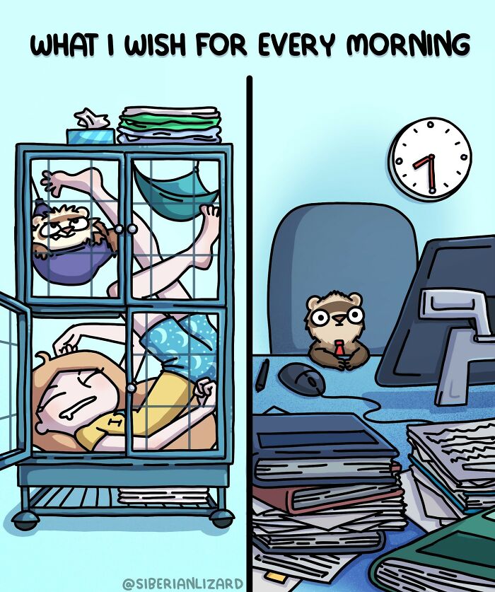 Illustration showing a person trapped in a ferret cage on the left and a ferret working at an office desk on the right.