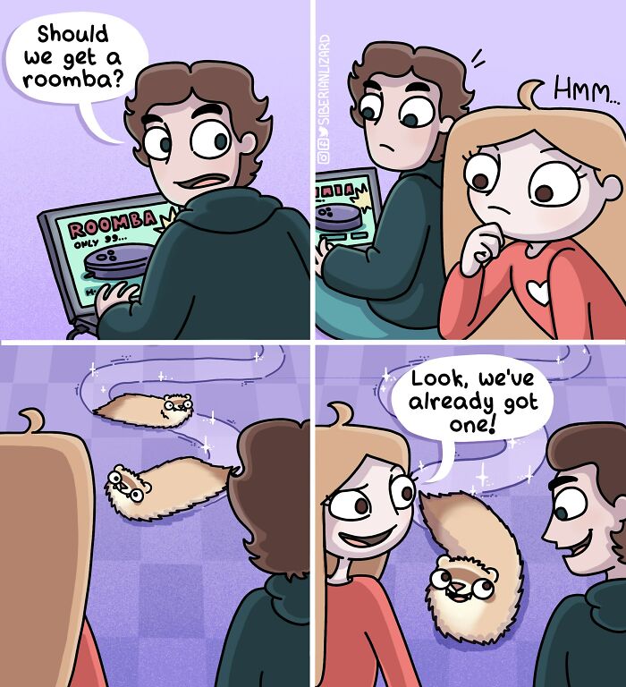 Cartoon showing an artist and partner with two playful ferrets, illustrating life living with two ferrets and a cat.