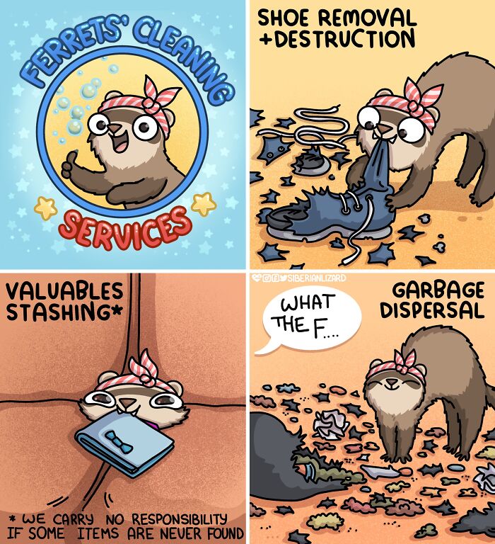 Cartoon ferret showing ferret behavior like cleaning, shoe destruction, valuables stashing, and garbage dispersal with a cat nearby.