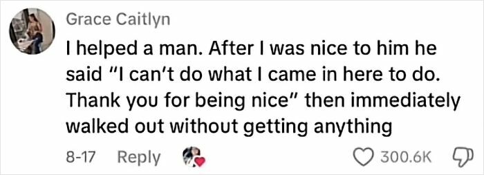 Text message showing a creepy customer encounter where a man thanked kindness but left without buying anything.