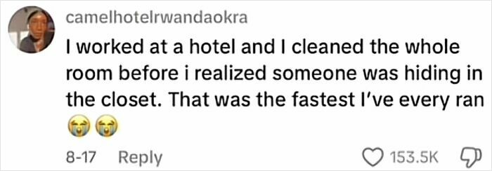 Screenshot of a creepy customer encounter describing a hotel worker finding a hidden person in the closet.