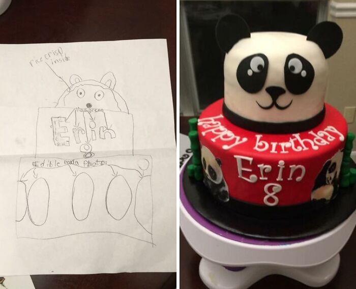 Hand-drawn design versus real panda birthday cake showing surprising differences in purchased product based on picture.