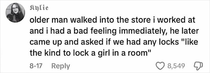Screenshot of a creepy customer encounter text describing a man asking for locks like the kind to lock a girl in a room.