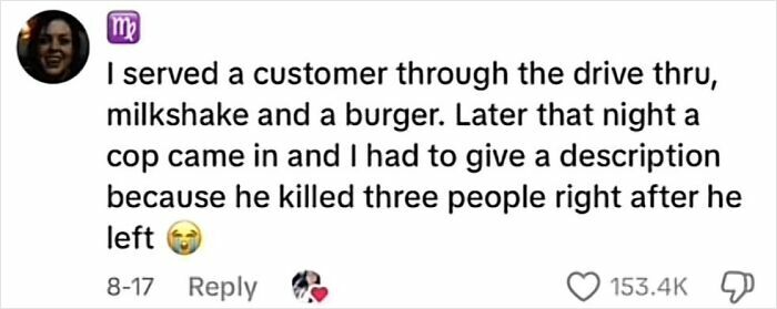 Screenshot of a creepy customer encounter story involving a drive-thru order linked to a crime incident.