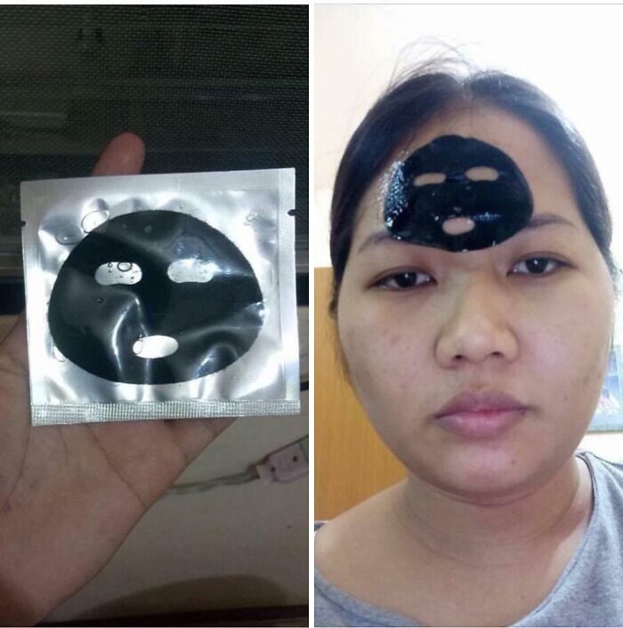 Black face mask package on hand and woman wearing a small mask on her forehead showing purchase based on a picture fail.