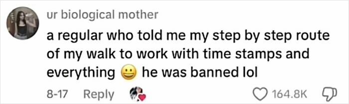 Screenshot of a social media comment about a creepy customer encounter involving stalking with detailed timestamps.