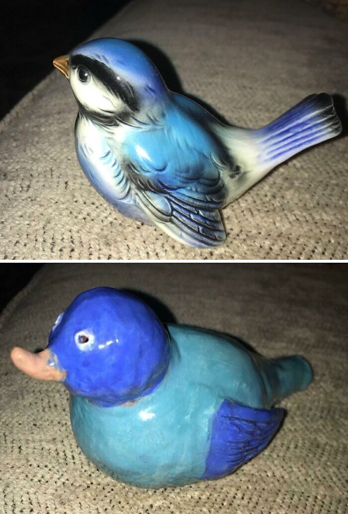 Ceramic blue bird figurines showing a clear difference between the expected and received product in purchases.