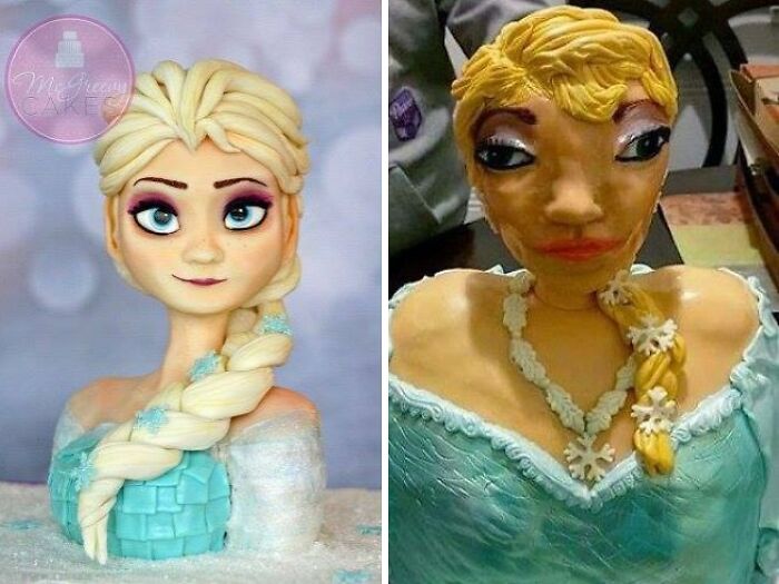 Comparison of a beautifully crafted Elsa cake on the left and a poorly executed cake on the right, showing a purchase based on a picture.