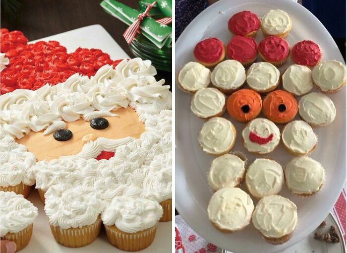 Santa Claus cupcake design purchased based on a picture and the resulting mismatched cupcake display.