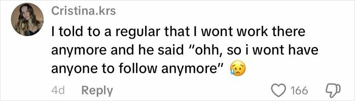 Social media comment showing a creepy customer encounter with unsettling follow-up, illustrating strange service interactions.