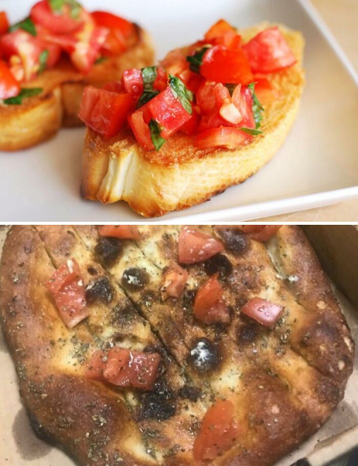 Comparison of pizza purchased based on a picture and the disappointing different result received.