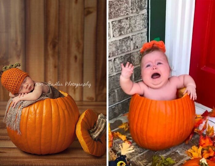 Baby in a pumpkin setting comparison showing funny results of people purchasing based on a picture expectation vs reality.