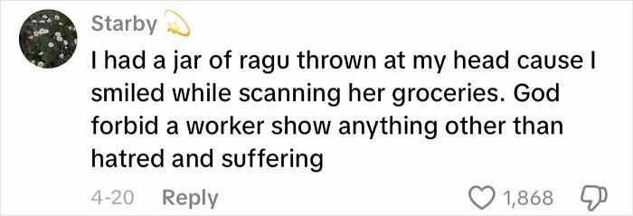 Screenshot of a creepy customer encounter comment describing a jar of sauce thrown at a worker’s head while scanning groceries.