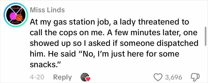 Screenshot of a creepy customer encounter where a lady threatened to call the cops at a gas station job.