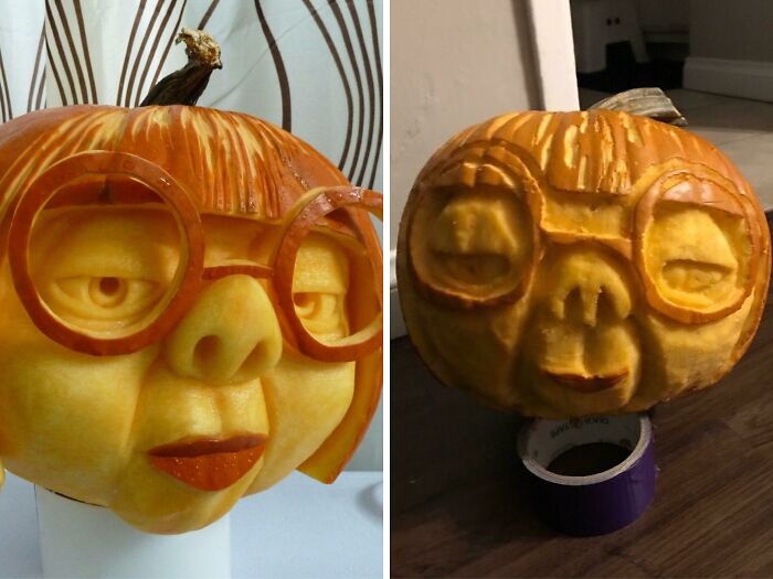 Side-by-side carved pumpkin faces showing the difference between expectations and reality of purchases based on a picture.