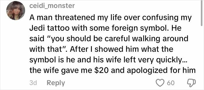 Social media post describing a creepy customer encounter involving a threatening man over a misunderstood tattoo symbol.