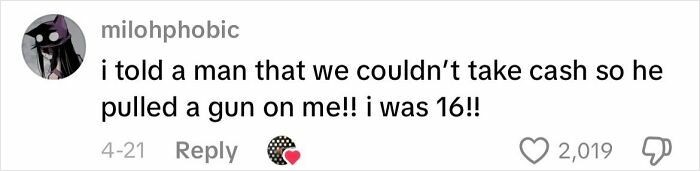 Text post from social media describing a creepy customer encounter involving a gun threat at age 16.