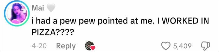 Screenshot of a creepy customer encounter comment about a threatening situation while working in pizza, illustrating unsettling customer moments.