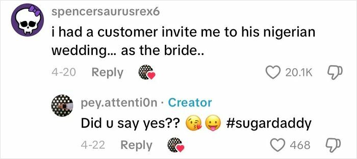 Chat conversation showing a creepy customer encounter involving an unusual wedding invitation and a playful reply.