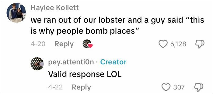 Social media comments highlighting one of the creepiest customer encounters involving a lobster shortage.